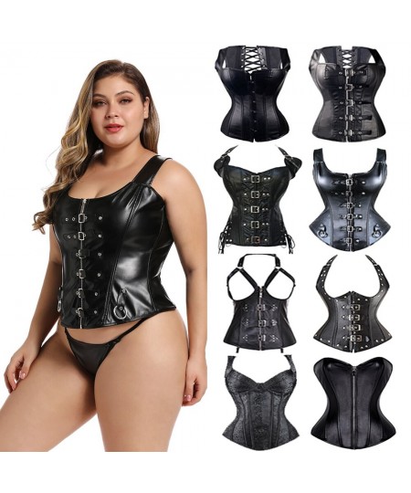 New Sexy Overbust Corset Women Steampunk Steel Boned Lace Up Bustier Waist Cincher Leather Bra Gothic Lingerie Black Plus Siz...