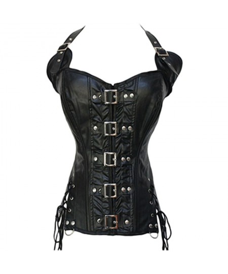 New Sexy Overbust Corset Women Steampunk Steel Boned Lace Up Bustier Waist Cincher Leather Bra Gothic Lingerie Black Plus Siz...