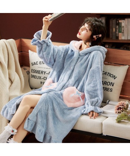 Sweet Women Sleep Dress Warm Flannel Pyjamas Winter Thick Coral Velvet Nightgowns Cartoon Long Sleeve Sleepwear Female Homewe...