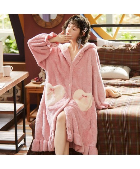 Sweet Women Sleep Dress Warm Flannel Pyjamas Winter Thick Coral Velvet Nightgowns Cartoon Long Sleeve Sleepwear Female Homewe...