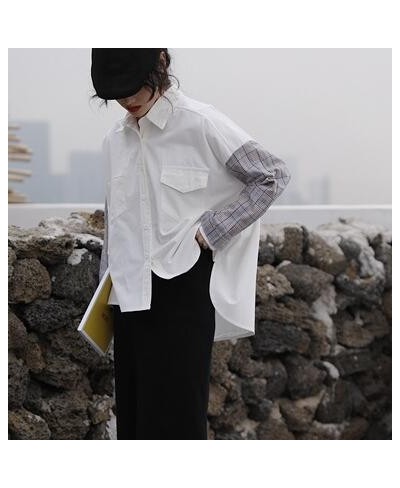 Fashion White Blouses Women 2023 Spring Shirts Fashion Patchwork Long Sleeve Shirts Plaid Office Lady Casual Womens Tops Blou...