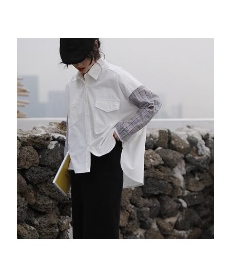 Fashion White Blouses Women 2023 Spring Shirts Fashion Patchwork Long Sleeve Shirts Plaid Office Lady Casual Womens Tops Blou...