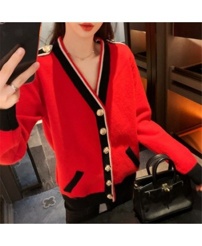 Contrasting Color Knitted Cardigan Women Loose Lazy Casual Red Sweater Coat V-neck Striped 2023 Autumn Winter Pockets Female ...