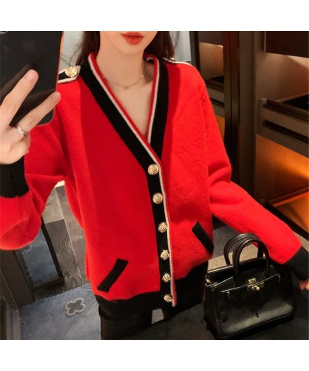 Contrasting Color Knitted Cardigan Women Loose Lazy Casual Red Sweater Coat V-neck Striped 2023 Autumn Winter Pockets Female ...