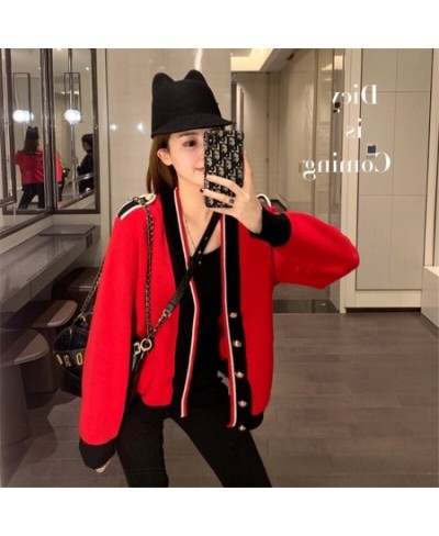 Contrasting Color Knitted Cardigan Women Loose Lazy Casual Red Sweater Coat V-neck Striped 2023 Autumn Winter Pockets Female ...