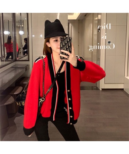 Contrasting Color Knitted Cardigan Women Loose Lazy Casual Red Sweater Coat V-neck Striped 2023 Autumn Winter Pockets Female ...