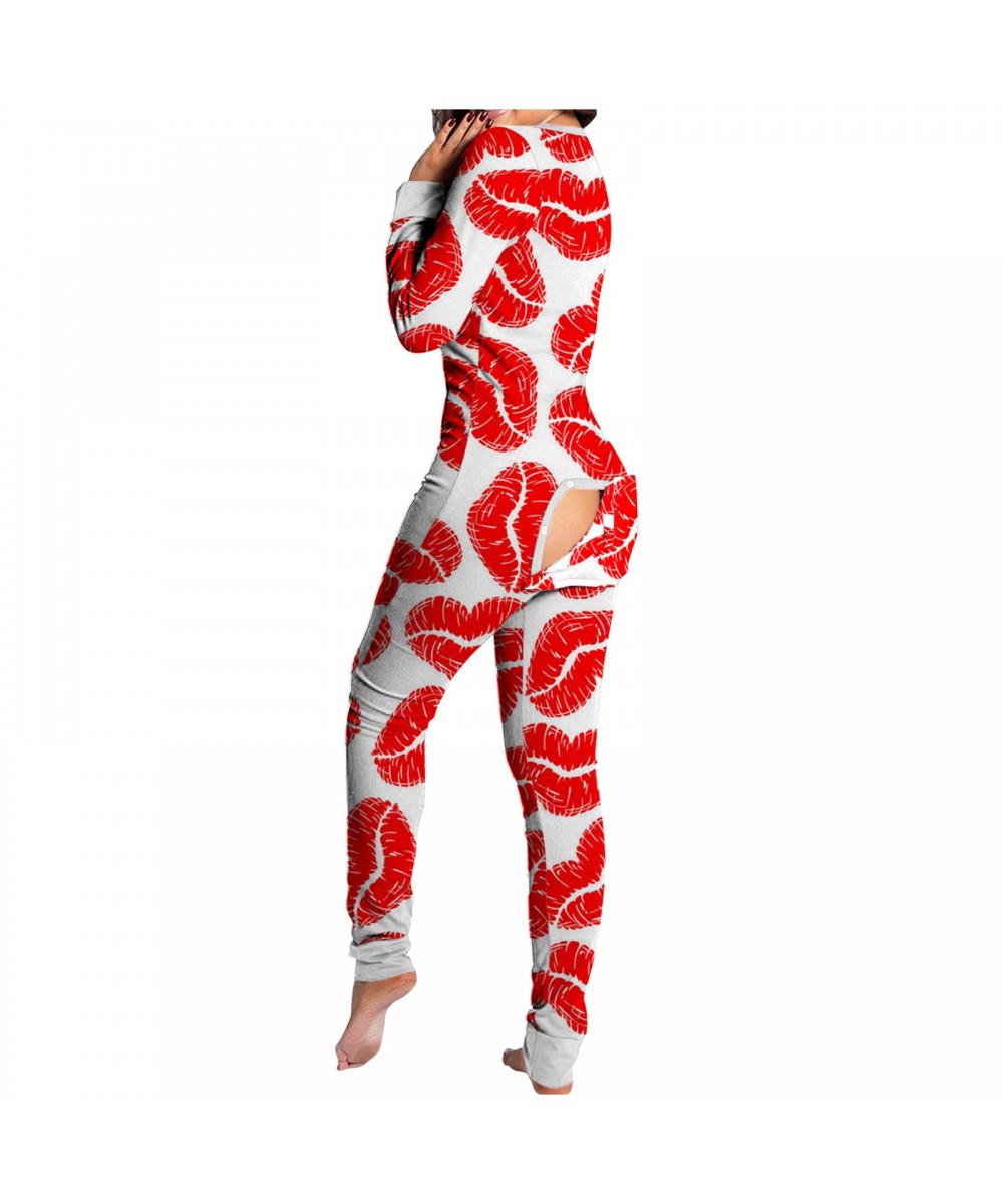 Sexy Women Pajamas Onesies Button-down Buttoned Flap Adults Pyjama Autumn Long Sleeve V-neck Jumpsuit Female Bodysuit Sleepwe...