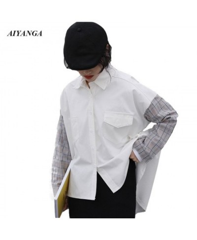 Fashion White Blouses Women 2023 Spring Shirts Fashion Patchwork Long Sleeve Shirts Plaid Office Lady Casual Womens Tops Blou...