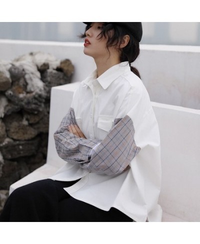 Fashion White Blouses Women 2023 Spring Shirts Fashion Patchwork Long Sleeve Shirts Plaid Office Lady Casual Womens Tops Blou...