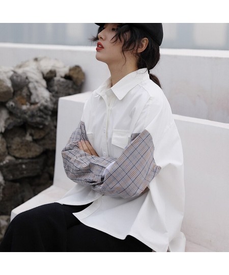 Fashion White Blouses Women 2023 Spring Shirts Fashion Patchwork Long Sleeve Shirts Plaid Office Lady Casual Womens Tops Blou...