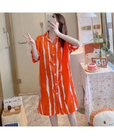 Summer Short Sleeve Silk Satin Print Nightgowns for Women Korean Lattice Night Dress Sleepwear Nightdress Home Dress Nightwea...