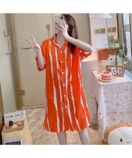 Summer Short Sleeve Silk Satin Print Nightgowns for Women Korean Lattice Night Dress Sleepwear Nightdress Home Dress Nightwea...