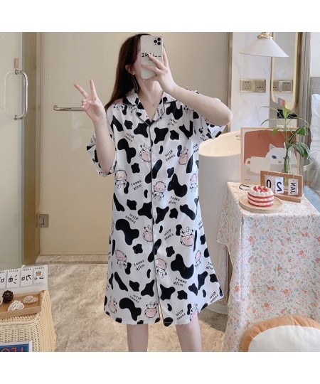 Summer Short Sleeve Silk Satin Print Nightgowns for Women Korean Lattice Night Dress Sleepwear Nightdress Home Dress Nightwea...