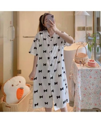 Summer Short Sleeve Silk Satin Print Nightgowns for Women Korean Lattice Night Dress Sleepwear Nightdress Home Dress Nightwea...