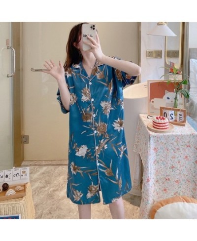 Summer Short Sleeve Silk Satin Print Nightgowns for Women Korean Lattice Night Dress Sleepwear Nightdress Home Dress Nightwea...