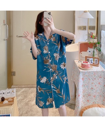 Summer Short Sleeve Silk Satin Print Nightgowns for Women Korean Lattice Night Dress Sleepwear Nightdress Home Dress Nightwea...