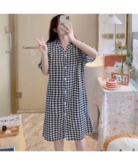 Summer Short Sleeve Silk Satin Print Nightgowns for Women Korean Lattice Night Dress Sleepwear Nightdress Home Dress Nightwea...