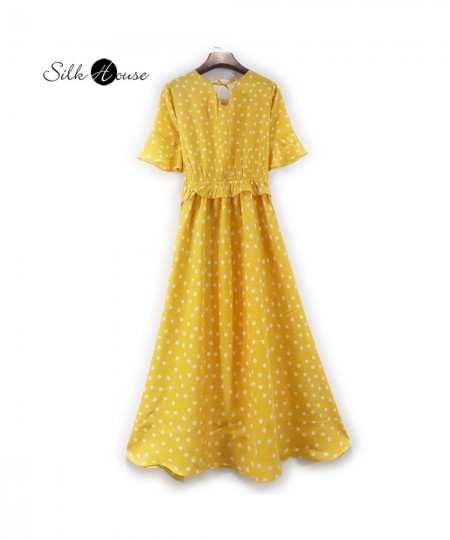 Yellow Polka Dot Mulberry Silk Dress 5 / 4 Sleeve Women's Fashion V-neck Silk Commuter 2022 New Style $107.82 - Dresses