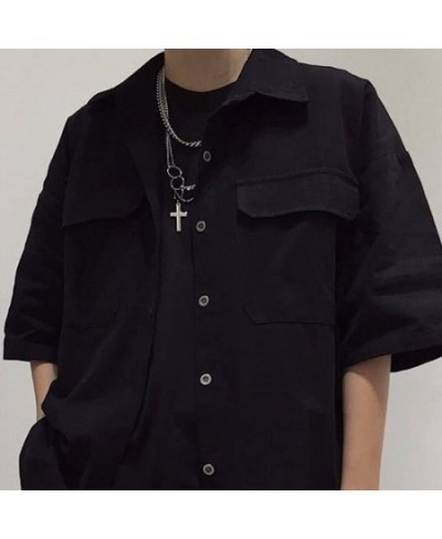 Shirts Women Pockets Casual Boyfriend Cool Girls Hip Hop Punk Fashion Turn-down Collar Solid Tops Ulzzang Chic Streetwearest ...