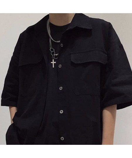 Shirts Women Pockets Casual Boyfriend Cool Girls Hip Hop Punk Fashion Turn-down Collar Solid Tops Ulzzang Chic Streetwearest ...