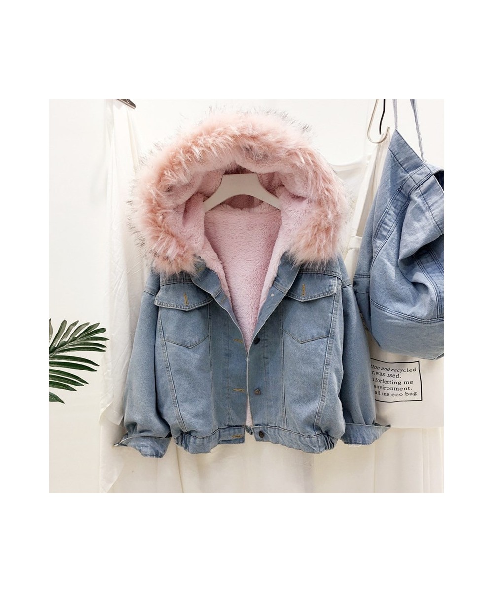 2023 Winter Jacket Women Velvet Thick Denim Jacket Big Faux Fur Collar Hooded Jean Jacket Female Vintage Casual Outwear 1025 ...