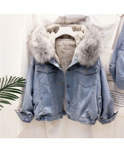 2023 Winter Jacket Women Velvet Thick Denim Jacket Big Faux Fur Collar Hooded Jean Jacket Female Vintage Casual Outwear 1025 ...