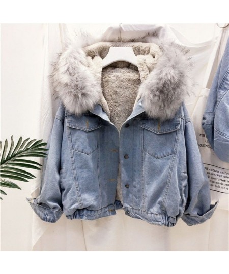 2023 Winter Jacket Women Velvet Thick Denim Jacket Big Faux Fur Collar Hooded Jean Jacket Female Vintage Casual Outwear 1025 ...