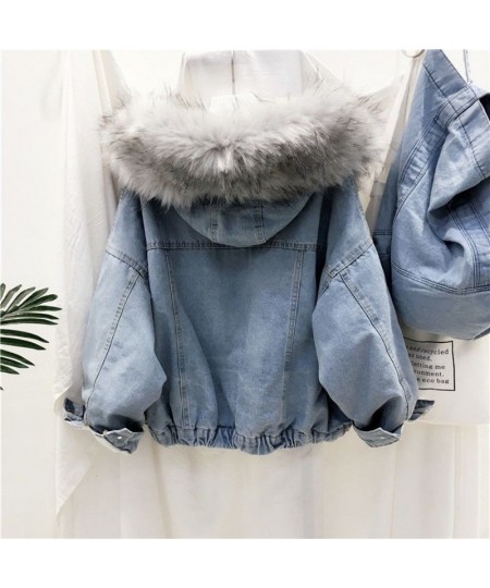 2023 Winter Jacket Women Velvet Thick Denim Jacket Big Faux Fur Collar Hooded Jean Jacket Female Vintage Casual Outwear 1025 ...