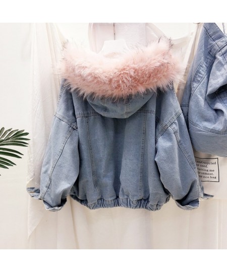 2023 Winter Jacket Women Velvet Thick Denim Jacket Big Faux Fur Collar Hooded Jean Jacket Female Vintage Casual Outwear 1025 ...