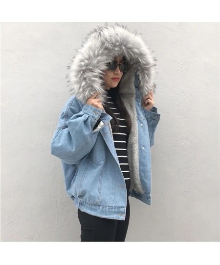 2023 Winter Jacket Women Velvet Thick Denim Jacket Big Faux Fur Collar Hooded Jean Jacket Female Vintage Casual Outwear 1025 ...