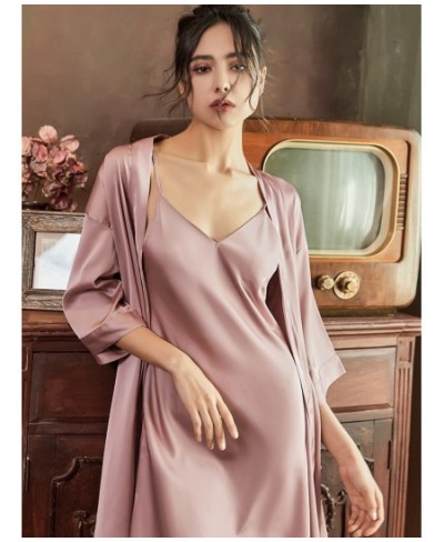 Satin Robe Set Sexy Women Sleepwear Casual Intimate Lingerie Faux Silk Nightdress Kimono Bathrobe Gown V-Neck Nightwear $30.5...