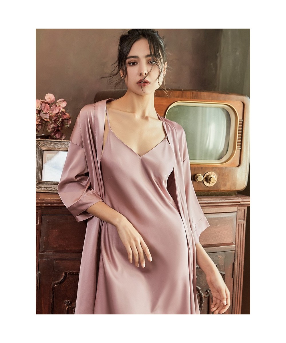 Satin Robe Set Sexy Women Sleepwear Casual Intimate Lingerie Faux Silk Nightdress Kimono Bathrobe Gown V-Neck Nightwear $30.5...