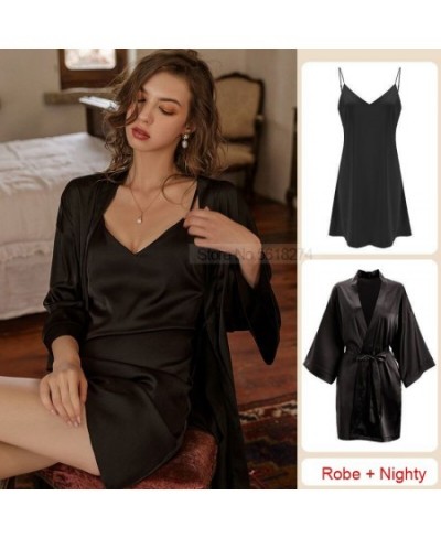 Satin Robe Set Sexy Women Sleepwear Casual Intimate Lingerie Faux Silk Nightdress Kimono Bathrobe Gown V-Neck Nightwear $30.5...