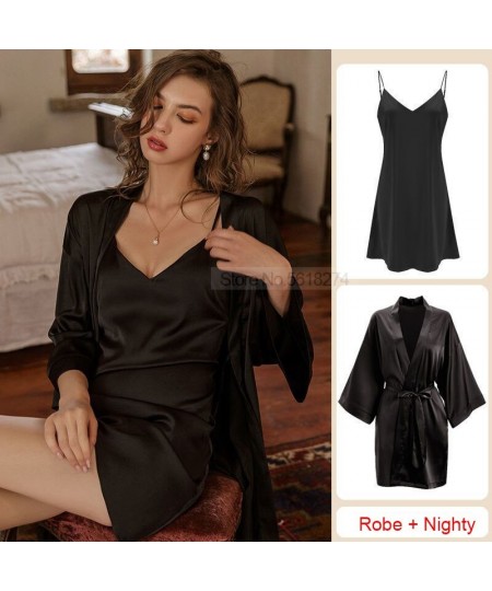 Satin Robe Set Sexy Women Sleepwear Casual Intimate Lingerie Faux Silk Nightdress Kimono Bathrobe Gown V-Neck Nightwear $30.5...