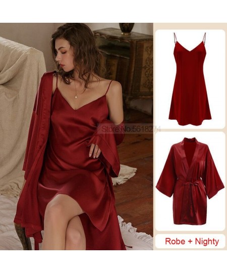 Satin Robe Set Sexy Women Sleepwear Casual Intimate Lingerie Faux Silk Nightdress Kimono Bathrobe Gown V-Neck Nightwear $30.5...