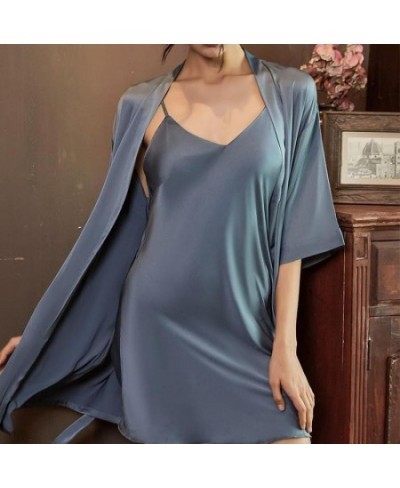 Satin Robe Set Sexy Women Sleepwear Casual Intimate Lingerie Faux Silk Nightdress Kimono Bathrobe Gown V-Neck Nightwear $30.5...