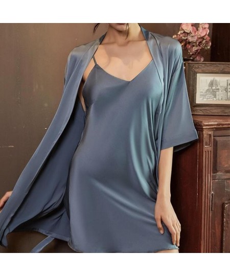 Satin Robe Set Sexy Women Sleepwear Casual Intimate Lingerie Faux Silk Nightdress Kimono Bathrobe Gown V-Neck Nightwear $30.5...