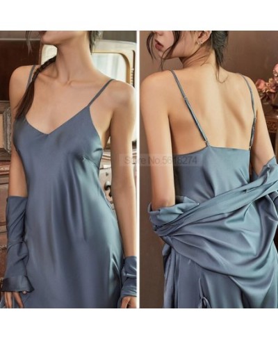 Satin Robe Set Sexy Women Sleepwear Casual Intimate Lingerie Faux Silk Nightdress Kimono Bathrobe Gown V-Neck Nightwear $30.5...