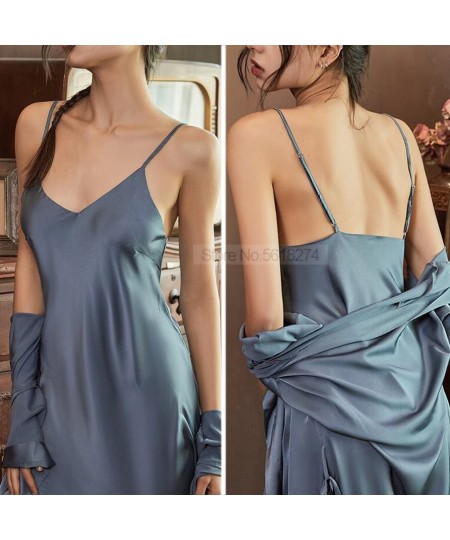 Satin Robe Set Sexy Women Sleepwear Casual Intimate Lingerie Faux Silk Nightdress Kimono Bathrobe Gown V-Neck Nightwear $30.5...