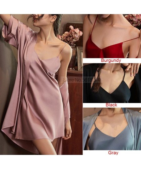 Satin Robe Set Sexy Women Sleepwear Casual Intimate Lingerie Faux Silk Nightdress Kimono Bathrobe Gown V-Neck Nightwear $30.5...