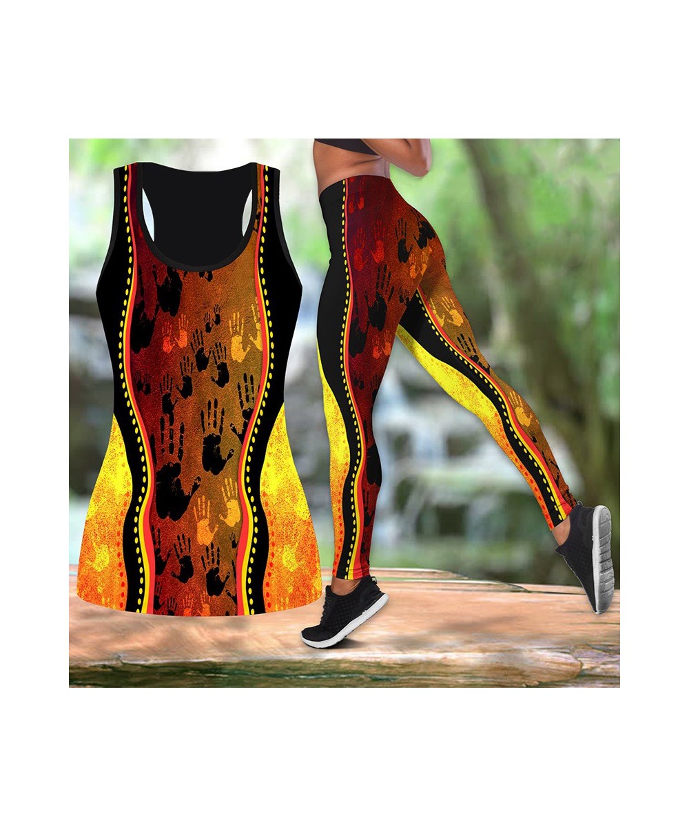 Summer Women Fashion Aboriginal Indigenous Turtle Lizard Painting Art Combo Print Pants Tank Tops Slimming Yoga Pant Suit $32...