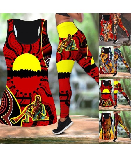 Summer Women Fashion Aboriginal Indigenous Turtle Lizard Painting Art Combo Print Pants Tank Tops Slimming Yoga Pant Suit $32...