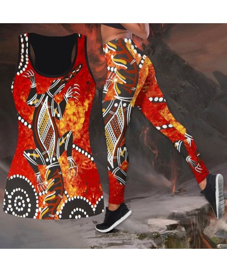 Summer Women Fashion Aboriginal Indigenous Turtle Lizard Painting Art Combo Print Pants Tank Tops Slimming Yoga Pant Suit $32...