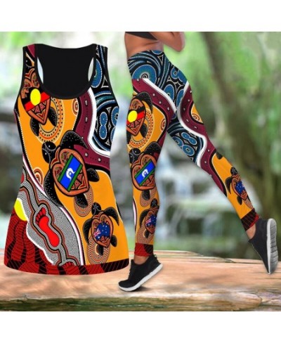 Summer Women Fashion Aboriginal Indigenous Turtle Lizard Painting Art Combo Print Pants Tank Tops Slimming Yoga Pant Suit $32...