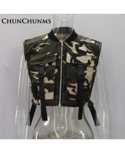 Streetwear Camouflage Cargo Vest Waistcoat Women Jacket Zipper Pockets Side Lace Up Crop Tank Top Casual Coat Sport Clothing ...