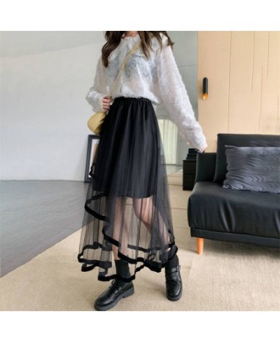 Black Irregular Patchwork Tulle Fairy Skirt High Waist Beige Midi Length Skirts Spring Summer 2023 Korean Fashion Women $34.3...