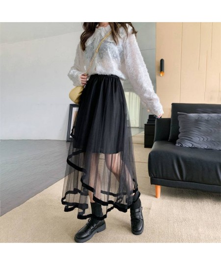 Black Irregular Patchwork Tulle Fairy Skirt High Waist Beige Midi Length Skirts Spring Summer 2023 Korean Fashion Women $34.3...