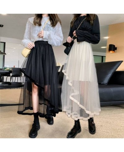 Black Irregular Patchwork Tulle Fairy Skirt High Waist Beige Midi Length Skirts Spring Summer 2023 Korean Fashion Women $34.3...