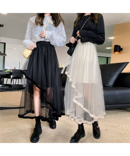 Black Irregular Patchwork Tulle Fairy Skirt High Waist Beige Midi Length Skirts Spring Summer 2023 Korean Fashion Women $34.3...