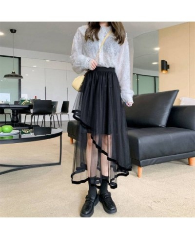 Black Irregular Patchwork Tulle Fairy Skirt High Waist Beige Midi Length Skirts Spring Summer 2023 Korean Fashion Women $34.3...